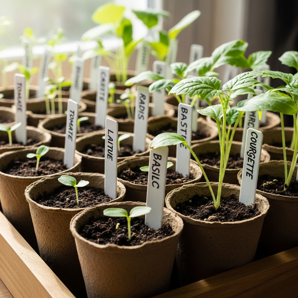 Semis de légumes en godets avec étiquettes